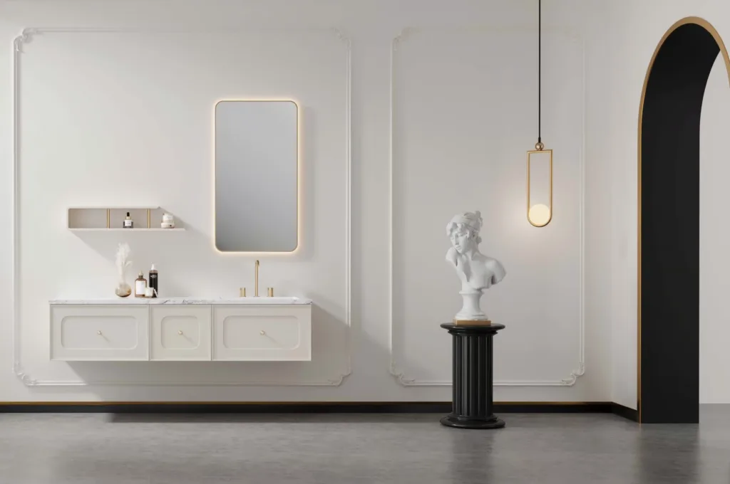 Modern-bathroom-design-with-sleek-sanitary-ware-a-stylish-mirror-and-classic-decor-elements