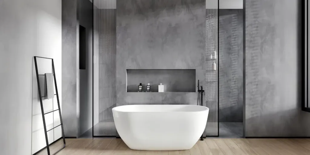 Modern-minimalist-freestanding-bathtub-with-gray-wall